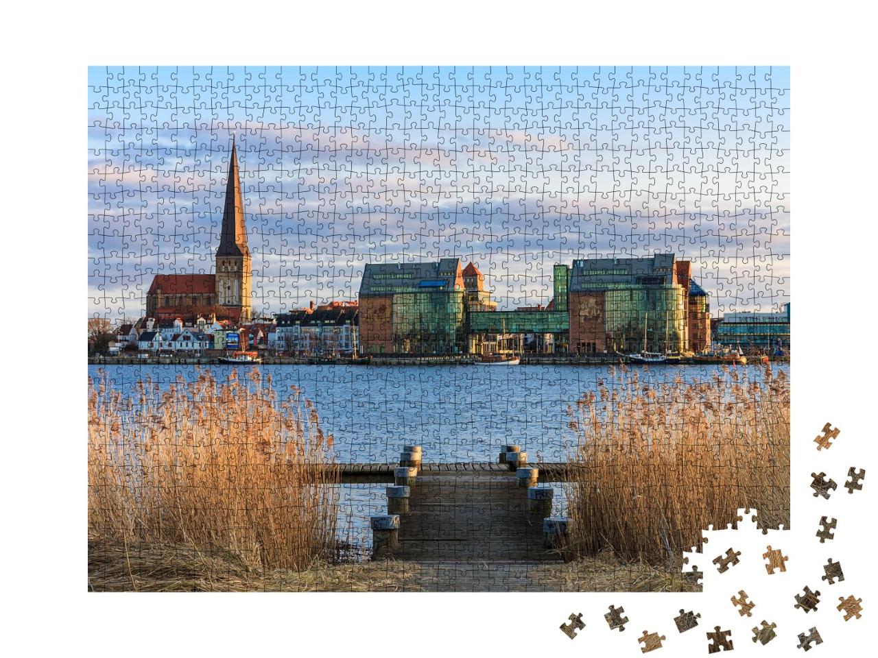 Puzzle 1000 Teile „Blick über Warnow nach Rostock, Deutschland“