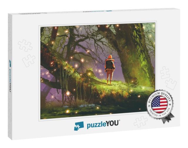 Hiker with Backpack Standing on Giant Tree with Fireflies... Jigsaw Puzzle