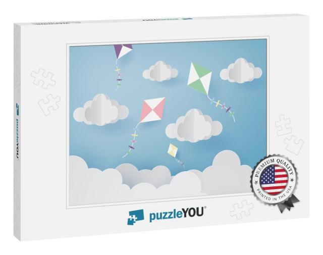Paper Art of Beautiful Sky with Origami Flying Kite & Clo... Jigsaw Puzzle