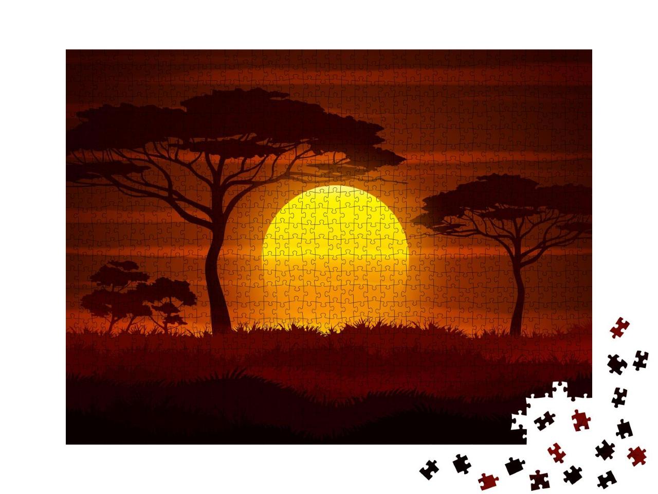 Puzzle 1000 Teile „Vektor-Illustration: Sonnenuntergang in der afrikanischen Savanne“
