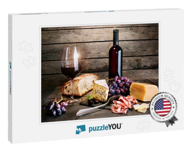 Italian Lifestyle with Red Wine, Aromatic Cheese & Ham on... Jigsaw Puzzle