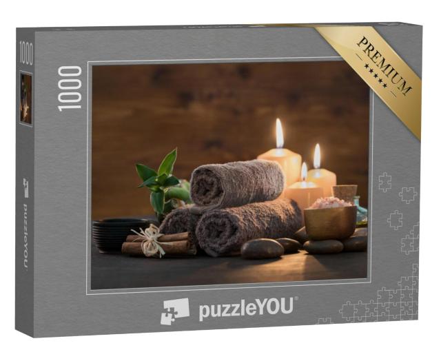 Puzzel 1000 stukjes „Handdoeken met bamboe en kaarsen om te ontspannen“