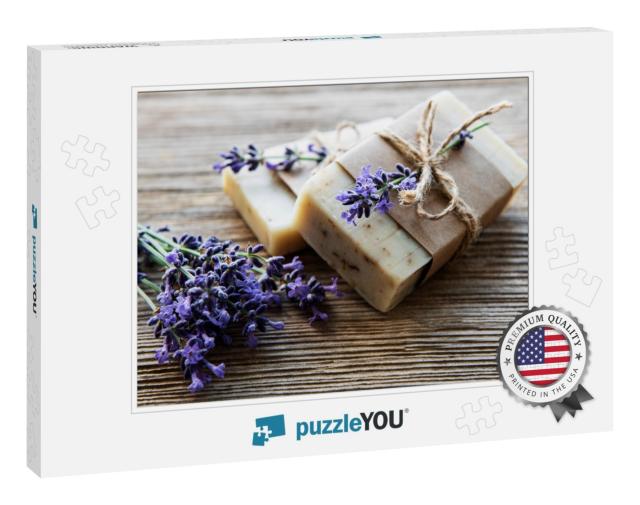 Bars of Handmade Soap with Lavender Flowers Over Wood Gru... Jigsaw Puzzle