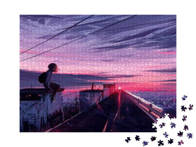 Puzzle 1000 Teile „ästhetische Illustration eines Mädchens, das auf dem Dach sitzt“