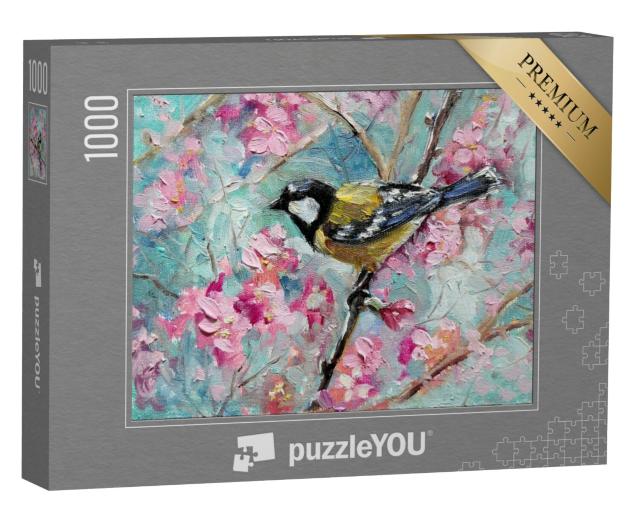 Puzzel 1000 stukjes „Olieverfschilderij: koolmees in een bloeiende kersenboomgaard“