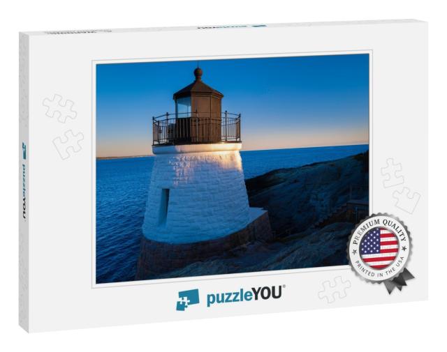 White Lighthouse on the Rocky Cliff At Sunrise. Castle Hi... Jigsaw Puzzle