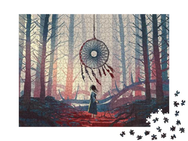 Puzzle 1000 Teile „Fantasy-Illustration: Der Traumfänger im geheimnisvollen Wald“