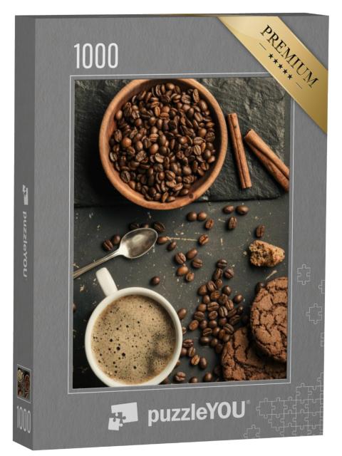 Puzzel 1000 stukjes „Ensemble van gebrande koffiebonen, koffie en koekjes“