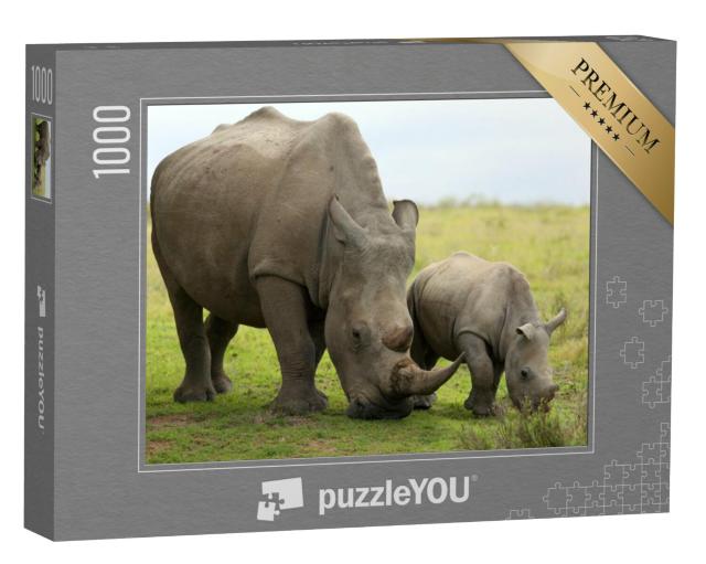 Puzzel 1000 stukjes „Close-up van een vrouwelijke neushoorn met kalf, Zuid-Afrika“