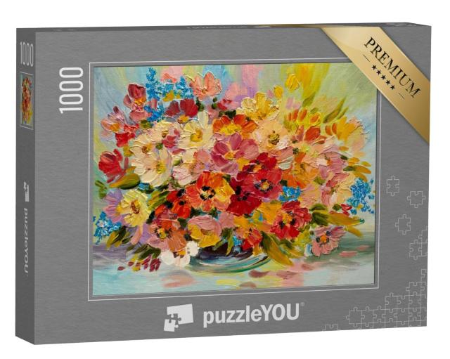 Puzzel 1000 stukjes „Olieverfschilderij: Een kleurrijk boeket zomerbloemen“