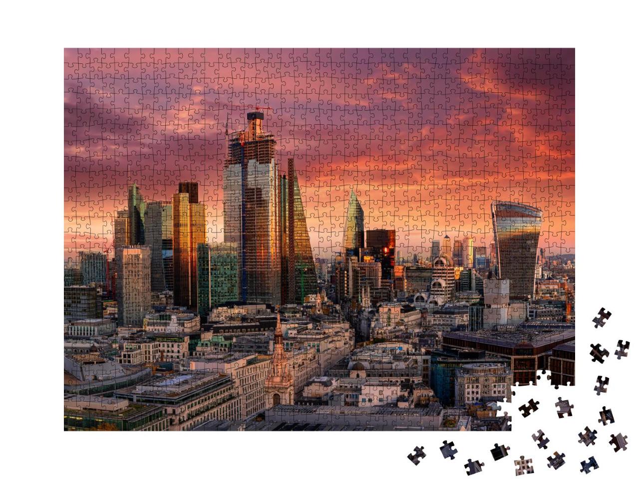 Puzzle 1000 Teile „Feurier Sonnenuntergang über dem Finanzdistrikt von London“