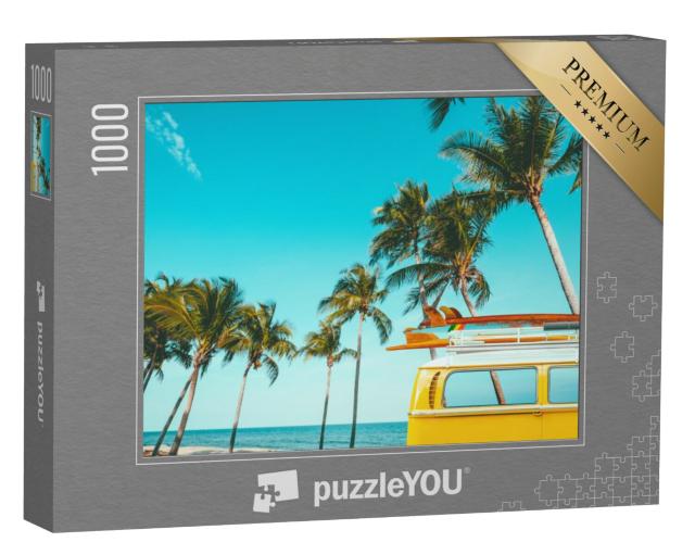 Puzzel 1000 stukjes „Oldtimer met surfplank op tropisch strand“