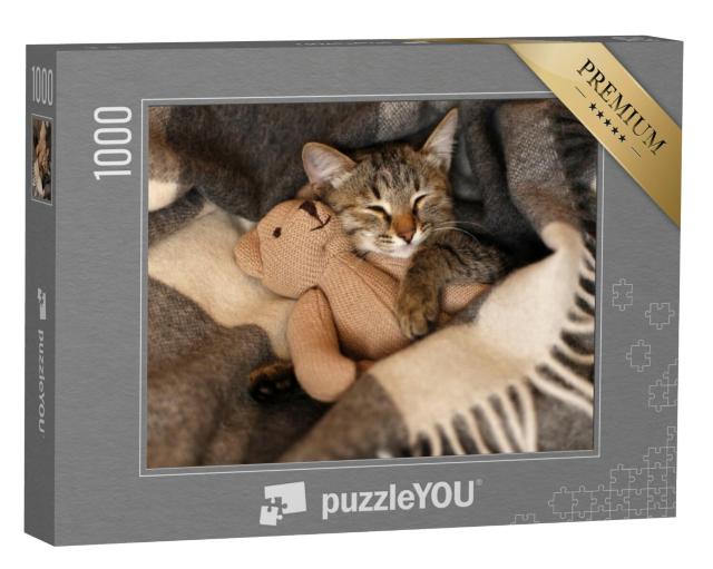 Puzzel 1000 stukjes „Kleine kitten doet een dutje met zijn favoriete knuffeldier“