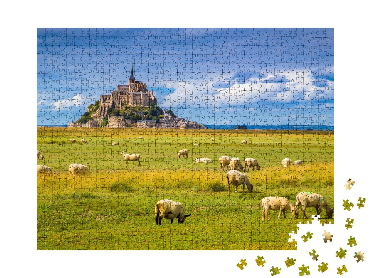 Puzzle 1000 Teile „Le Mont Saint-Michel mit Schafen auf grünen Weisen, Normandie, Frankreich“