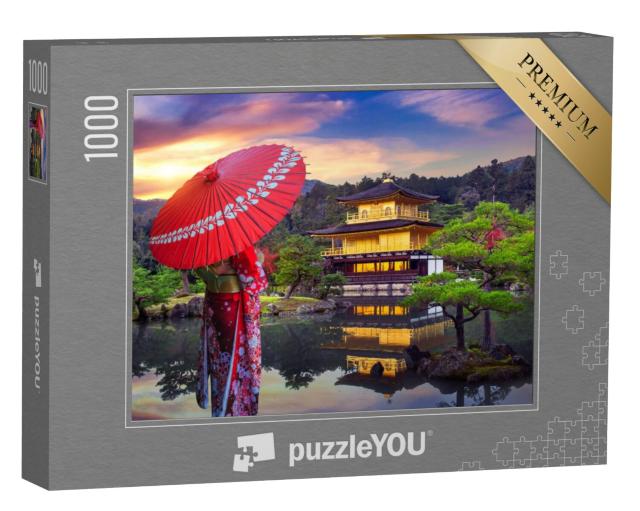 Puzzel 1000 stukjes „Aziatische vrouw in traditionele kimono voor het Gouden Paviljoen, Kyoto, Japan“