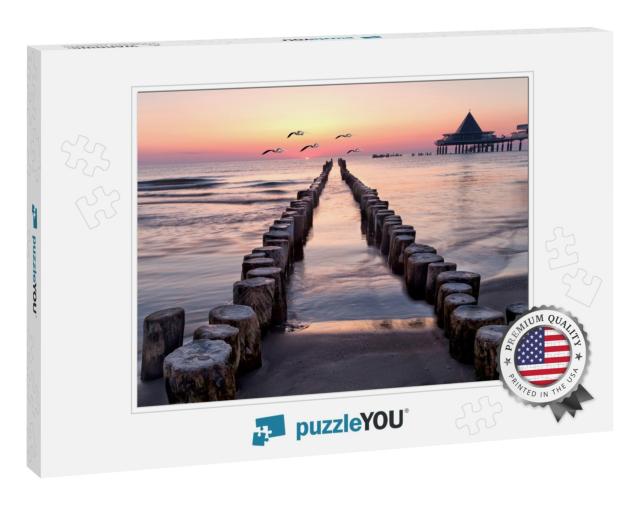 Sunrise with Seagulls on the Beach of Usedom, Baltic Sea... Jigsaw Puzzle