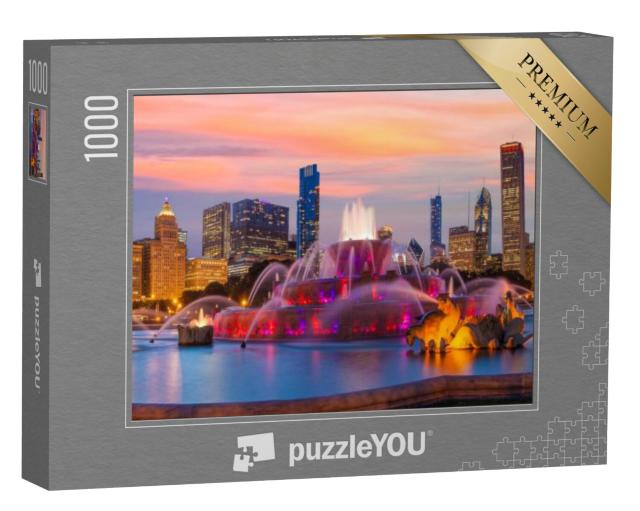 Puzzel 1000 stukjes „Panorama van de skyline van Chicago met wolkenkrabbers en Buckingham Fountain“