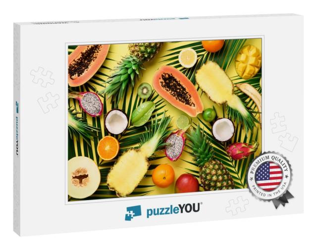 Exotic Fruits & Tropical Palm Leaves on Pastel Yellow Bac... Jigsaw Puzzle