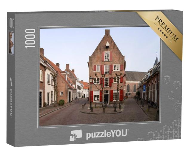 Puzzel 1000 stukjes „Smalle straatjes in het centrum van Amersfoort met de Elleboogkerk op de achtergrond“