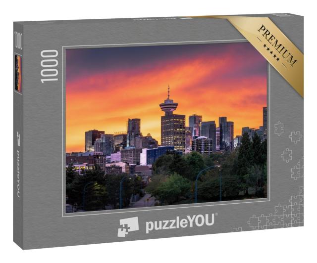 Puzzle „Farbenfroher Sonnenuntergang hinter der Skyline  von Vancouver“