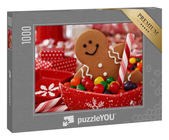 Puzzle 1000 Teile „Süße Weihnachtszeit: Lebkuchenmann und Zuckerwerk“