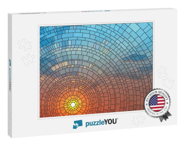 Vector Illustration of Sunset in Blue Sky in Sea, Stained... Jigsaw Puzzle
