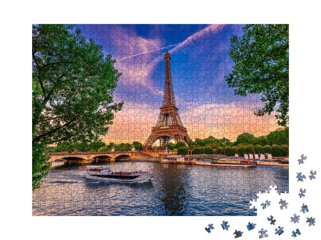 Puzzle 1000 Teile „Eiffelturm und Fluss Seine bei Sonnenuntergang in Paris, Frankreich“