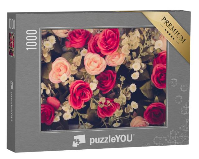 Puzzel 1000 stukjes „Vintage bloemen met rozen in roze en rood“