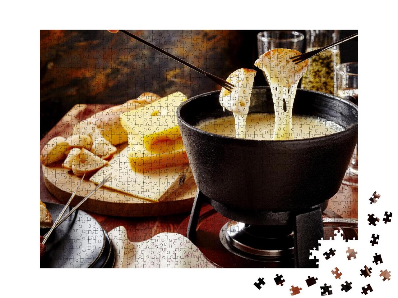 Puzzle 1000 Teile „Fondue-Dinner an einem Winterabend mit verschiedenen Käsesorten“