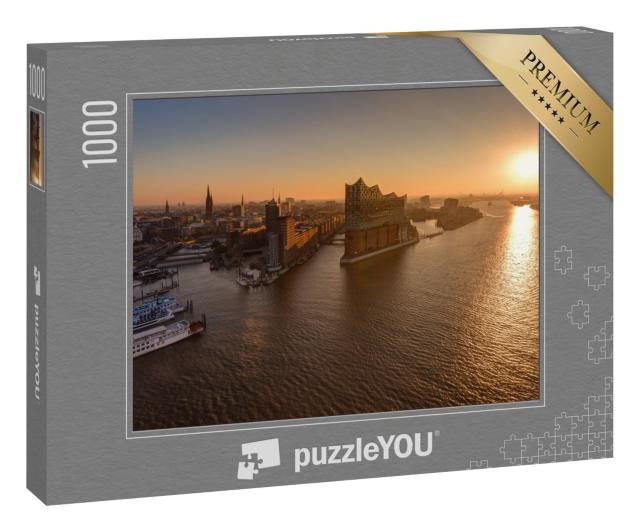 Puzzle 1000 Teile „Hamburger Hafenpanorama mit Stadtbild bei Sonnenuntergang“