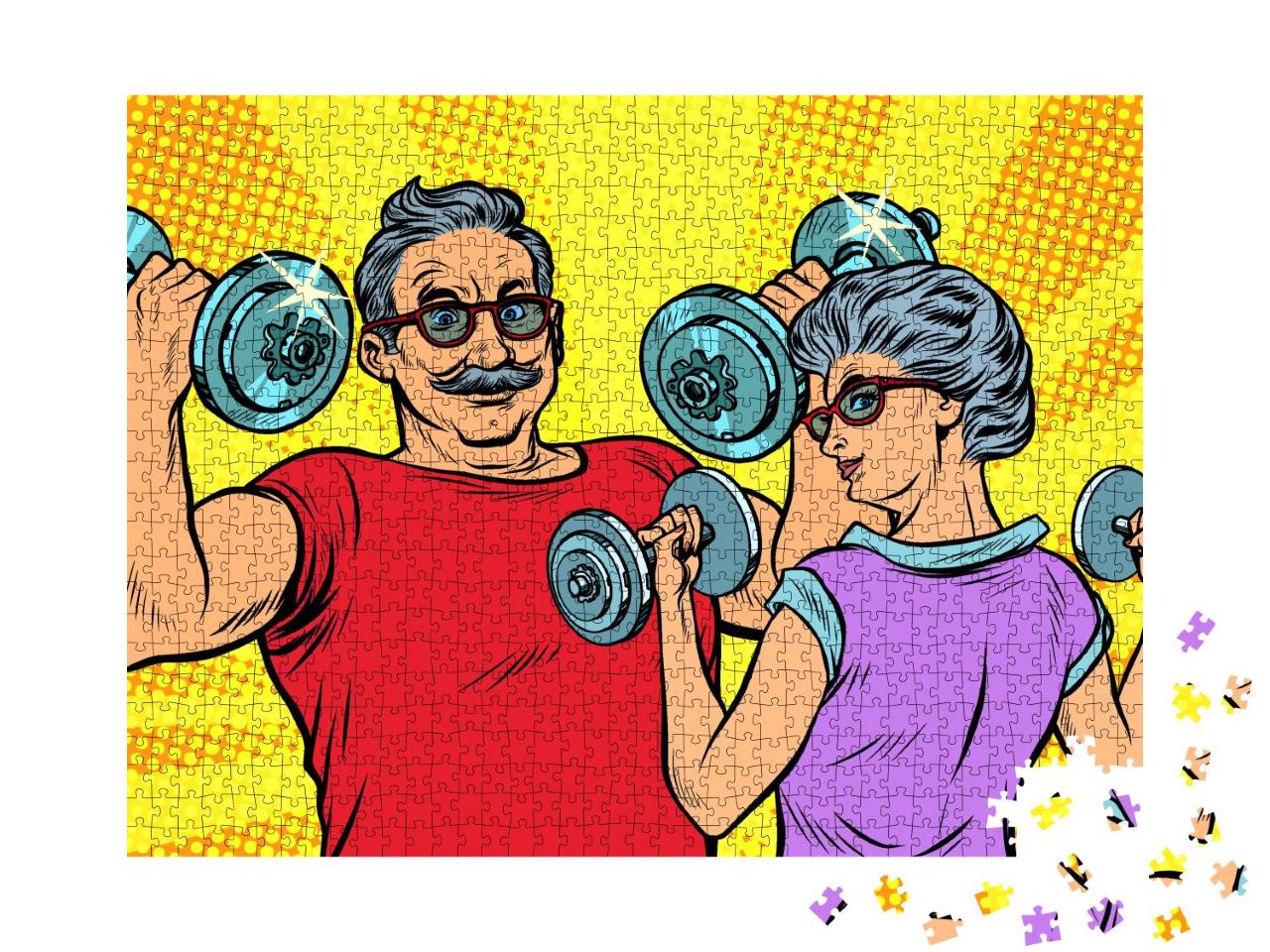 Puzzle 1000 Teile „Oma und Opa machen Fitness: Pop-Art-Stil“