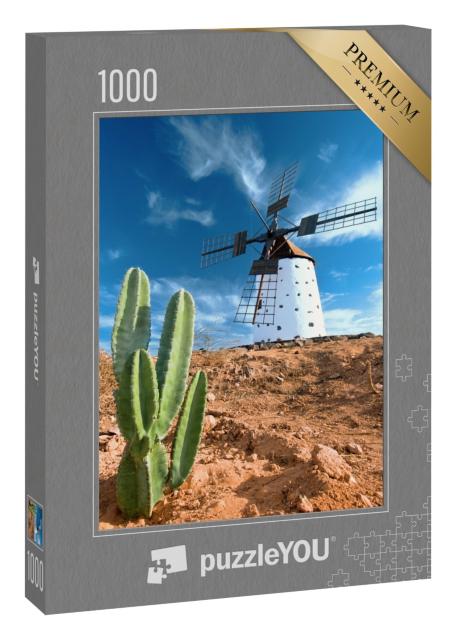 Puzzle 1000 Teile „Kaktus und traditionelle Windmühle auf Fuerteventura, Kanarische Inseln“
