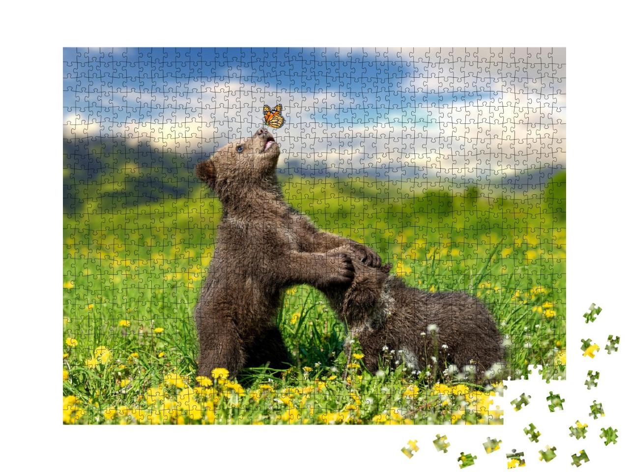 Puzzle 1000 Teile „Spielende Braunbärenjunge mit Schmetterling“