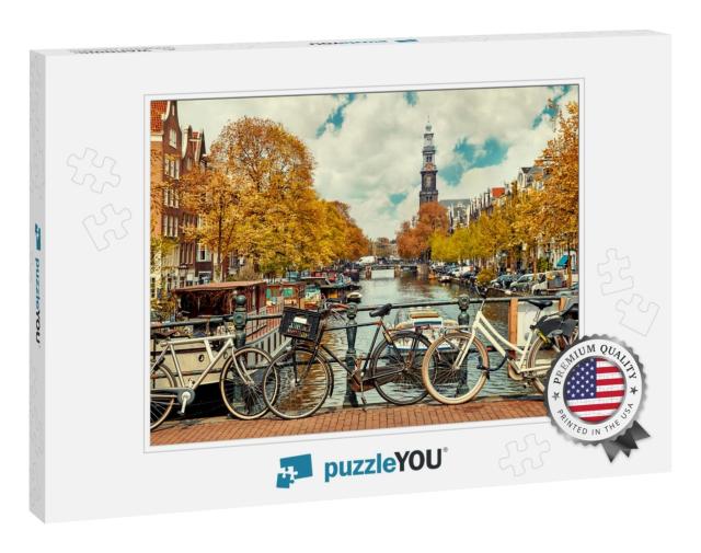 Bike Over Canal Amsterdam City. Picturesque Town Landscap... Jigsaw Puzzle