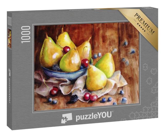 Puzzle 1000 Teile „Stillleben mit gelben Birnen, Brombeeren, Heidelbeeren und Kirschen, Aquarell“