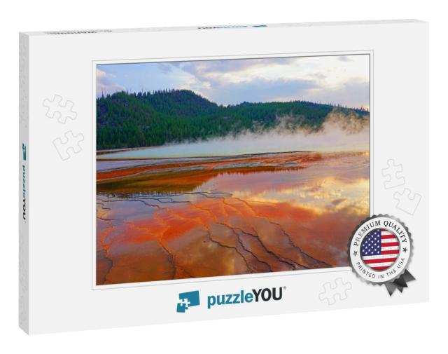 Fiery Orange Sunset Over the Grand Prismatic Pool in Yell... Jigsaw Puzzle