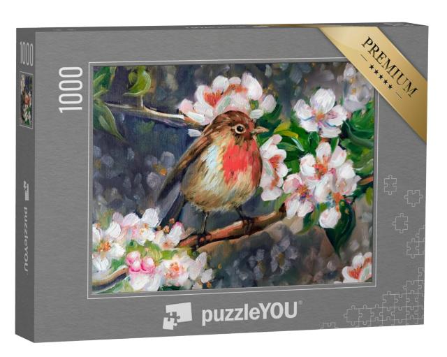 Puzzel 1000 stukjes „Olieverfschilderij: Roodborstje in een bloeiende appelboom“