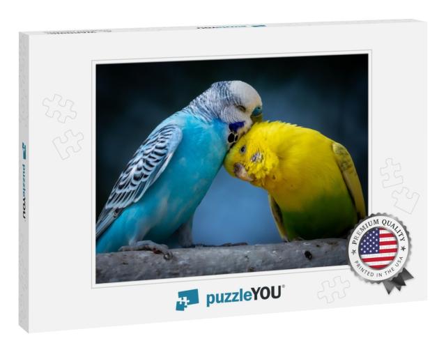 Portrait of Two Cute Cuddling Budgies Perched on Branch w... Jigsaw Puzzle