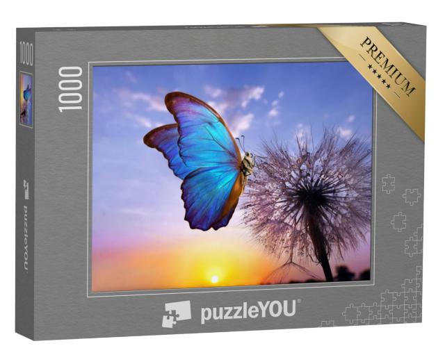 Puzzel 1000 stukjes „De blauwe morpho vlinder op een paardenbloem“