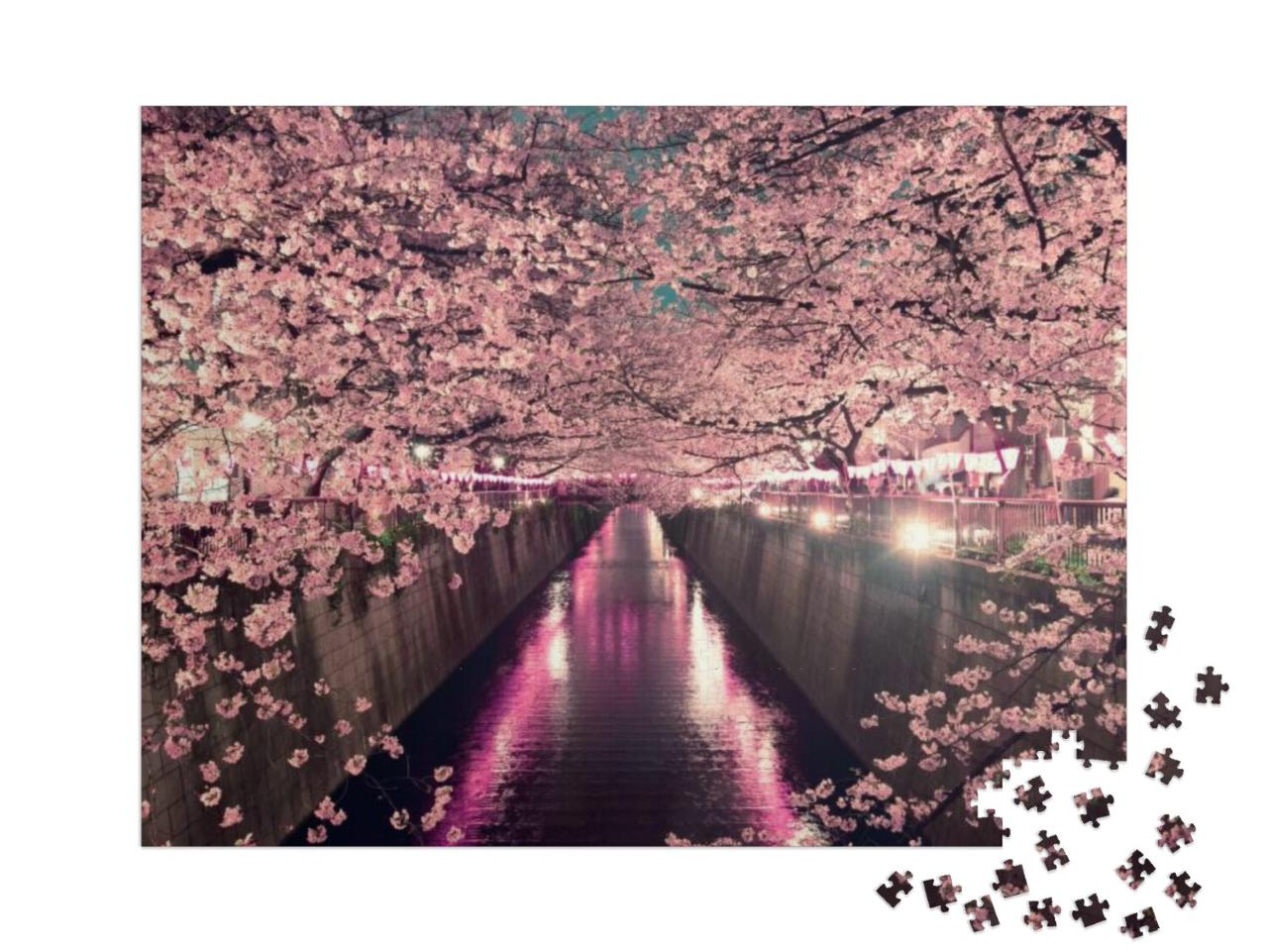 Puzzel 1000 stukjes „Kersenbloesems bij nacht in Tokio“