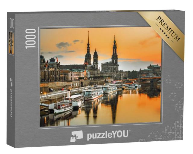 Puzzel 1000 stukjes „De skyline van Dresden aan de Elbe bij zonsondergang, Duitsland“