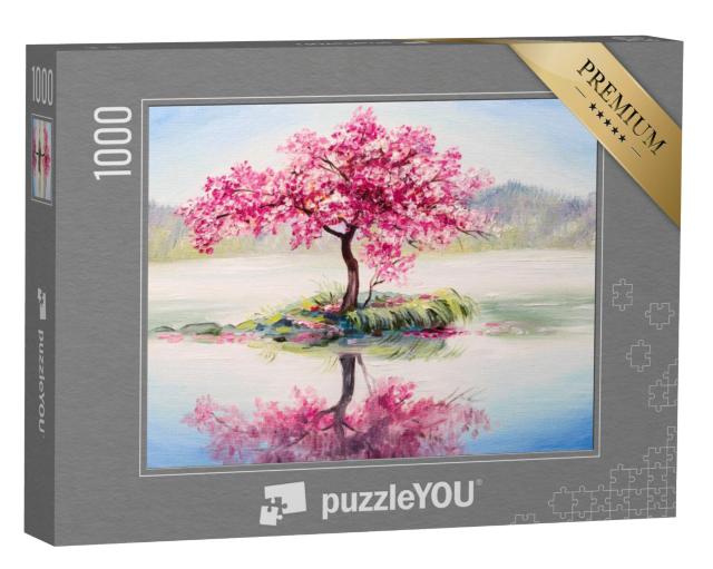 Puzzel 1000 stukjes „Olieverfschilderij: Sakura op het meer - Japanse kersenbloesem“