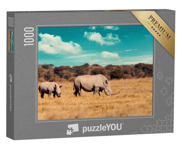 Puzzel 1000 stukjes „Neushoornfamilie, moeder met baby witte neushoorn, Botswana“