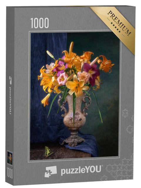 Puzzel 1000 stukjes „Stilleven met gele lelies en dagleliebloesems“