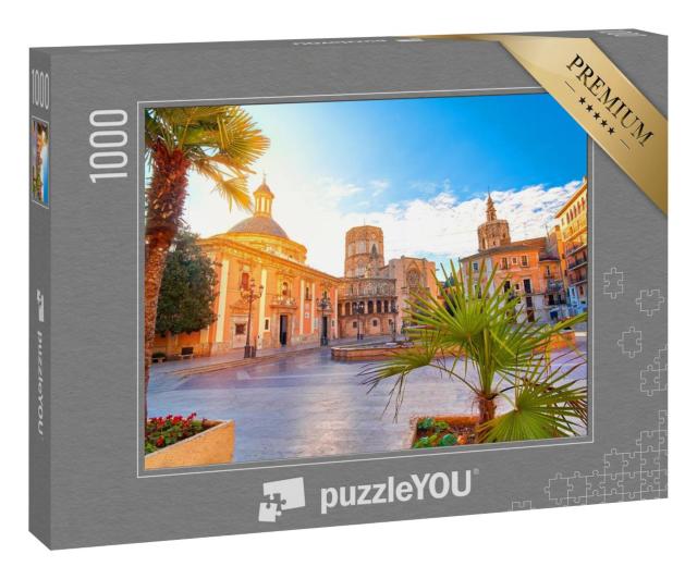 Puzzle 100 Teile „Platz von der Jungfrau Maria: Kathedrale in Valencia bei Sonnenaufgang“