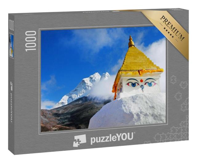 Puzzle 100 Teile „Buddhistische Stupa und Gebetsfahnen, dahinter die Berge des Himalaya“