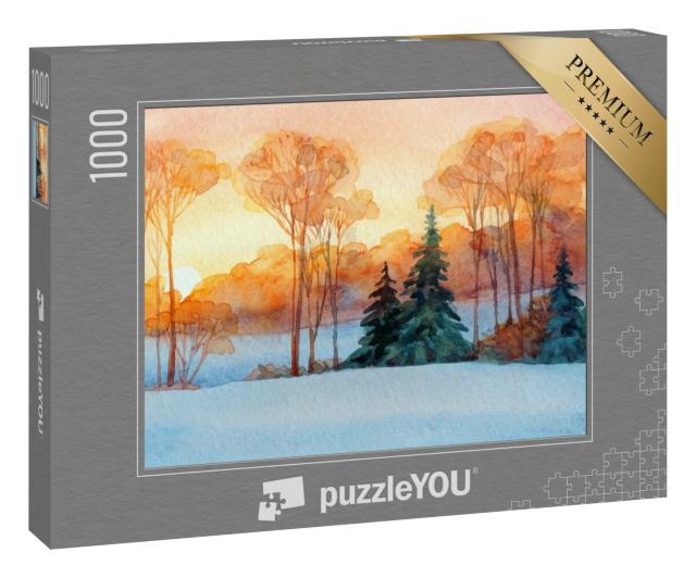 Puzzle 1000 Teile „Handgezeichnets abstraktes Aquarell: Sonnenuntergang über winterlicher Landschaft“