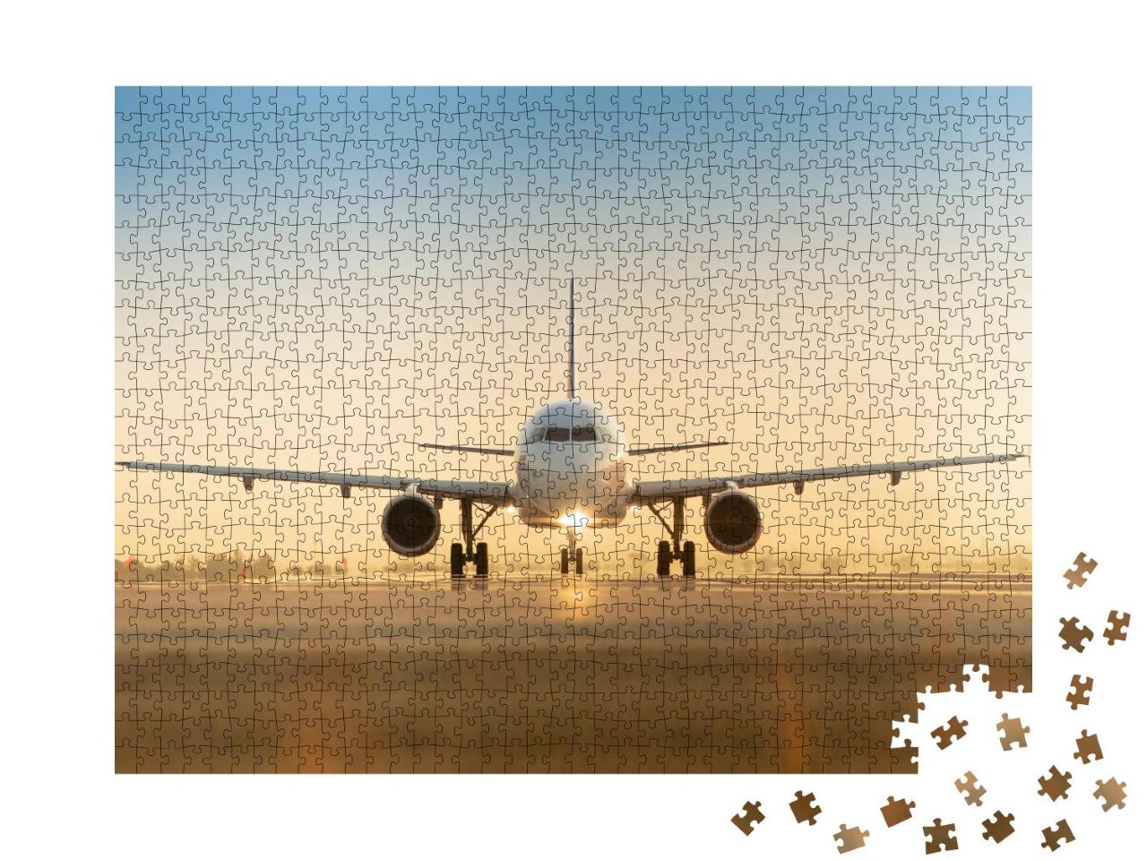 Puzzle 1000 Teile „Flugzeug auf der Landebahn im Sonnenuntergang“