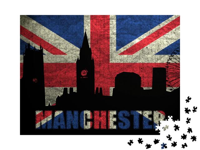 Puzzle 1000 Teile „Digitale Kunst: Skyline von Manchester auf britischer Grunge-Flagge“