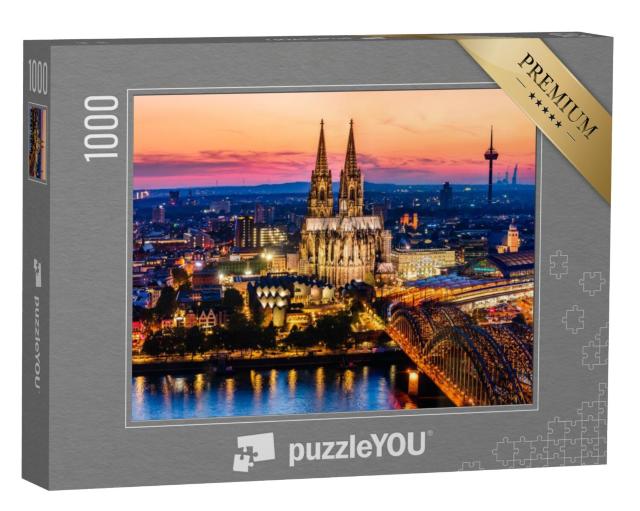 Puzzel 1000 stukjes „Nachtpanorama van de Dom van Keulen, de Hohenzollernbrug en de Rijn“